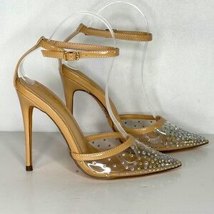 Lulus Keiza Ankle Strap Pumps Light Nude Rhinestones Pointed Toe Fairycore Sz 6‎